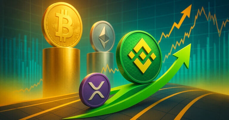 A bright, cinematic market scene shows a bold green BNB coin racing upward past a purple XRP coin while gold Bitcoin and silver Ethereum stand above on towering pedestals against glowing charts.