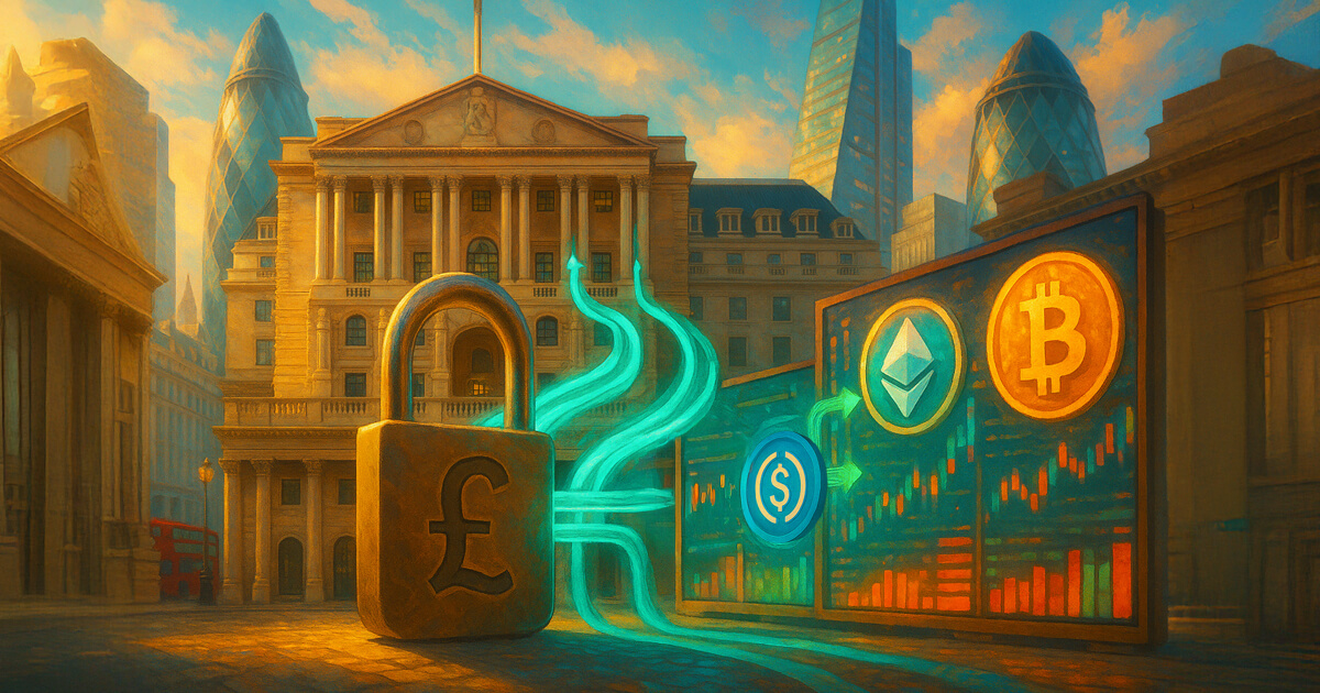 City of London scene with the Bank of England behind an unlocked pound padlock as teal streams bearing accurate USDT and corrected USDC logos surge into glowing Bitcoin and Ethereum symbols over bright market panels.