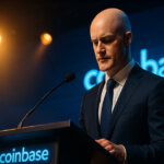 Brian Armstrong at a podium with a glowing teleprompter full of crypto icons as a prediction-gauge arc flips beside a luminous Coinbase backdrop.