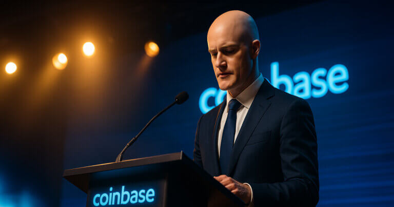Brian Armstrong at a podium with a glowing teleprompter full of crypto icons as a prediction-gauge arc flips beside a luminous Coinbase backdrop.