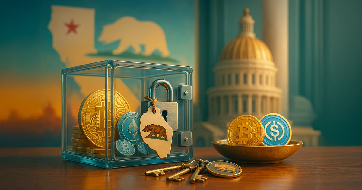 A bright, cinematic scene shows a clear, padlocked custody box of Bitcoin, Ether, and USDC on a wooden desk with California’s bear emblem and Capitol dome in the background, symbolizing in-kind protection of unclaimed crypto.