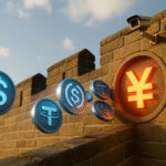 metallic blue USDT and USDC tokens streaking toward a sunlit Great Wall where a glowing red yuan symbol is embedded, captured in high-key natural light with a soft bloom from a low, dramatic angle.
