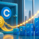 Daylight, photorealistic 16:9 scene shows a Coinbase-branded blue vault chaining gleaming Bitcoin collateral to rising stacks of blue “loan” cubes as a dotted liquidity arc climbs toward the skyline