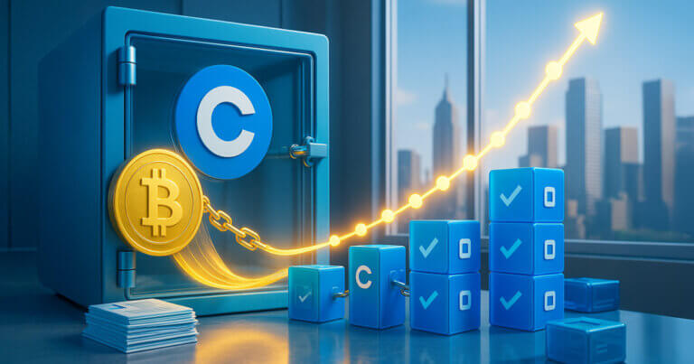 Daylight, photorealistic 16:9 scene shows a Coinbase-branded blue vault chaining gleaming Bitcoin collateral to rising stacks of blue “loan” cubes as a dotted liquidity arc climbs toward the skyline