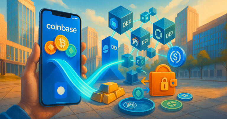 Daylight, photorealistic plaza scene shows a Coinbase-branded phone bridging tokens across a glowing Base pillar into a web of DEX nodes with 1inch and 0x liquidity icons and a locked wallet, symbolizing non-custodial swaps and early access on a decentralized rail.