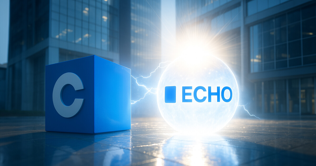 A luminous Echo orb and Coinbase cube connect through brilliant energy as gold tokens flow between them in bright daylight, evoking a dramatic, cinematic acquisition moment.