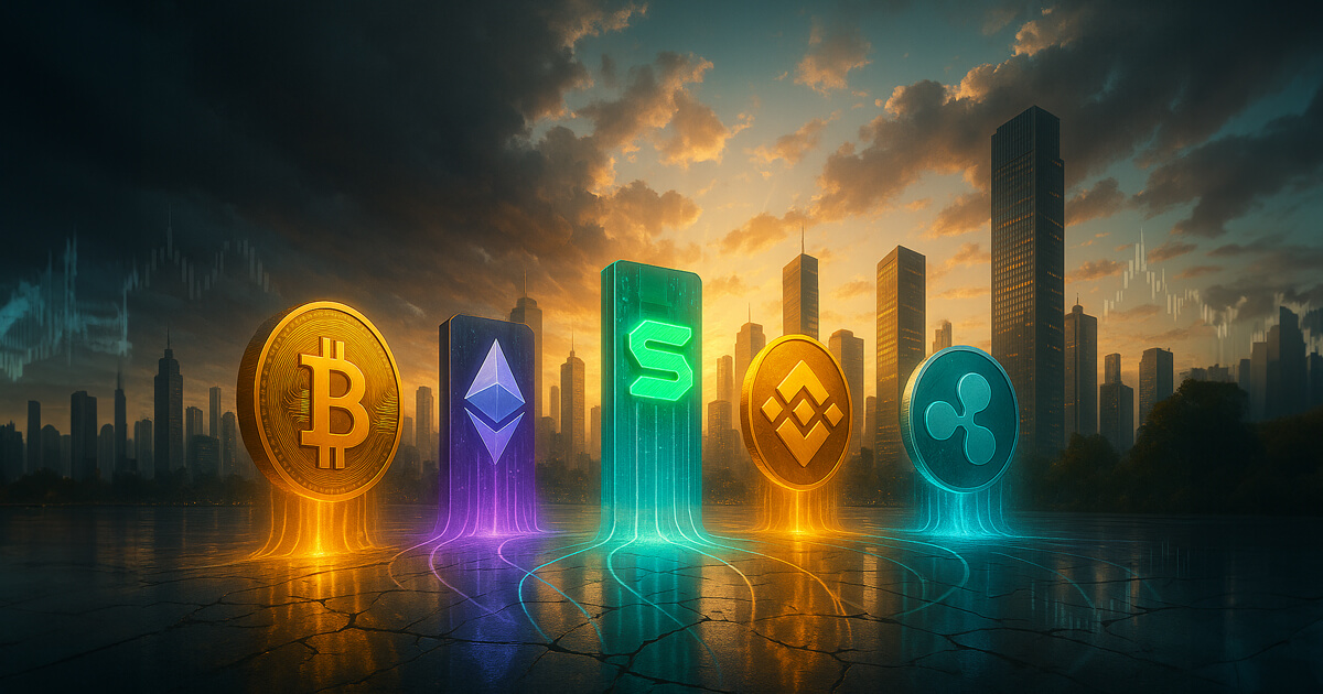 five glowing crypto logos—Bitcoin, Ethereum, Solana, Binance, and XRP—rising from rain-slick pavement before a sunlit skyline as storm clouds part, symbolizing powerful comebacks.
