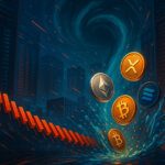 A wide, cinematic trading floor in deep indigo shows red candlesticks toppling like dominos into a swirling teal vortex as glowing BTC, ETH, XRP, SOL, and ADA coins tumble toward the drain, evoking a dark-toned but brightly lit liquidation cascade.