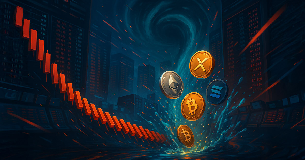 A wide, cinematic trading floor in deep indigo shows red candlesticks toppling like dominos into a swirling teal vortex as glowing BTC, ETH, XRP, SOL, and ADA coins tumble toward the drain, evoking a dark-toned but brightly lit liquidation cascade.
