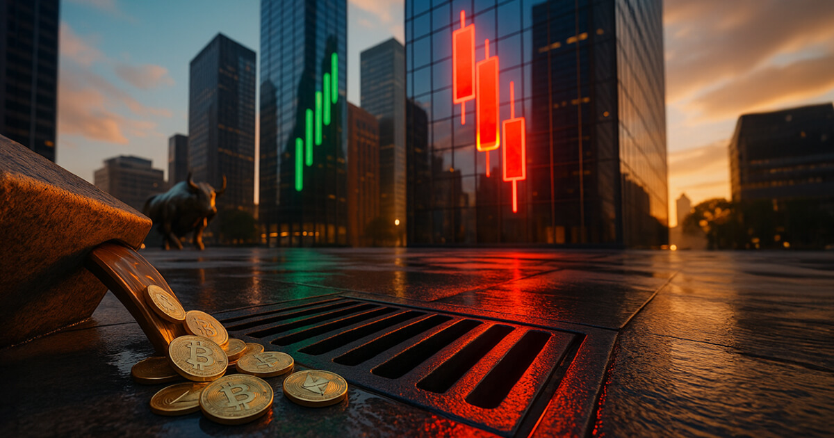 olden-hour city plaza shows Bitcoin and Ethereum coins spilling into a drain in the foreground while a huge red, downward glowing candlestick dominates one glass tower and distant green candlesticks rise on others to signal stocks at new highs.
