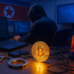 a real-world cyber forensics room with a hooded operator at a laptop, a North Korean flag on the wall, and a desk filled with a glowing Bitcoin, handcuffs, police light, and hardware wallets.