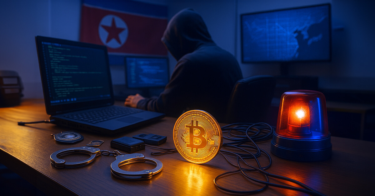 a real-world cyber forensics room with a hooded operator at a laptop, a North Korean flag on the wall, and a desk filled with a glowing Bitcoin, handcuffs, police light, and hardware wallets.