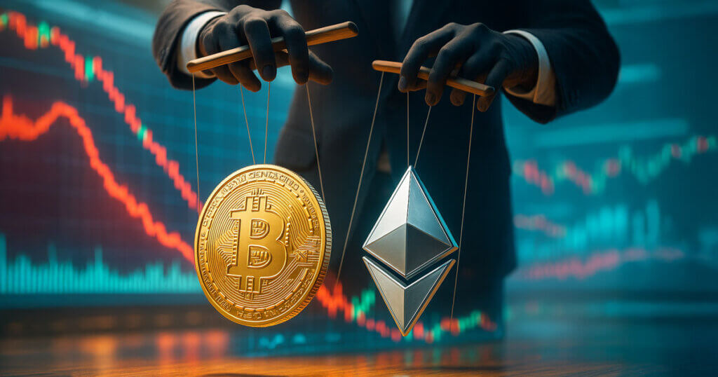 anonymous gloved marionette hands controlling strings attached to glossy gold Bitcoin and platinum Ethereum coins in front of a vivid red crash chart, symbolizing suspected weekend market manipulation.