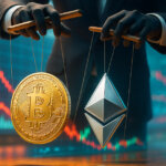 anonymous gloved marionette hands controlling strings attached to glossy gold Bitcoin and platinum Ethereum coins in front of a vivid red crash chart, symbolizing suspected weekend market manipulation.