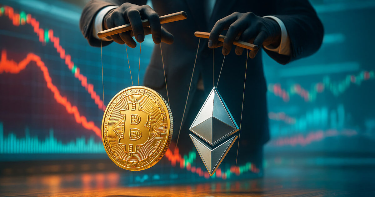 anonymous gloved marionette hands controlling strings attached to glossy gold Bitcoin and platinum Ethereum coins in front of a vivid red crash chart, symbolizing suspected weekend market manipulation.