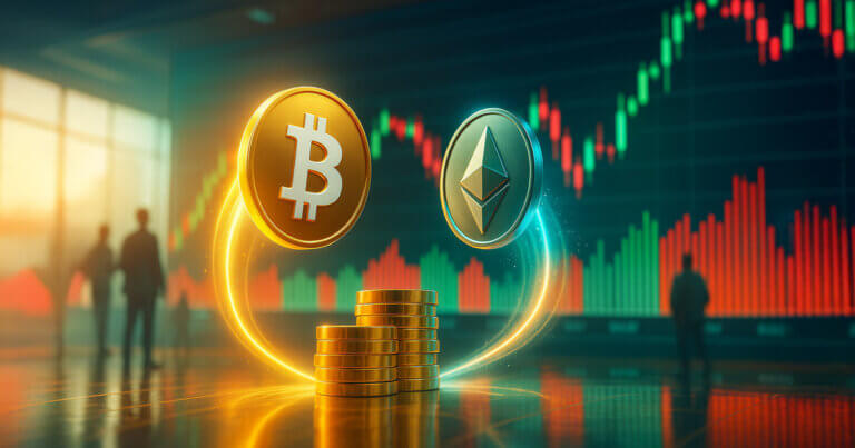 Bright cinematic exchange floor with vivid red-green charts as glossy Bitcoin and Ethereum coins surge upward on glowing arcs in warm ambers and cool teals, with no identifiable faces.