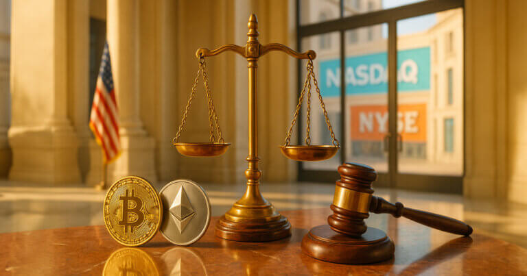 Bitcoin and Ethereum coins beside a gavel and brass scales on a marble desk inside a sunlit neoclassical courthouse with columns and arched windows.