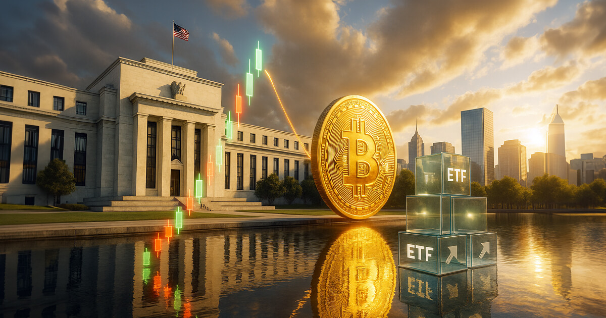 Hyper-realistic outdoor tableau of a gleaming Bitcoin hovering by the Federal Reserve’s reflecting pool as luminous green-red candlesticks rise and glass “ETF” cubes glow against a bright city skyline, evoking the high-stakes macro week ahead.