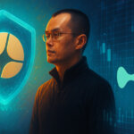 CZ stands between matte Aster and Hyperliquid logos as warm privacy panels face a cool wireframe order-book grid in a bright, cinematic split-tone scen