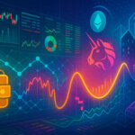 A bright, cinematic 16:9 scene shows glowing AMM curves, Uniswap and Ethereum logos, and layered on-chain charts surging across a stylized cityscape to symbolize DEX-led price discovery.