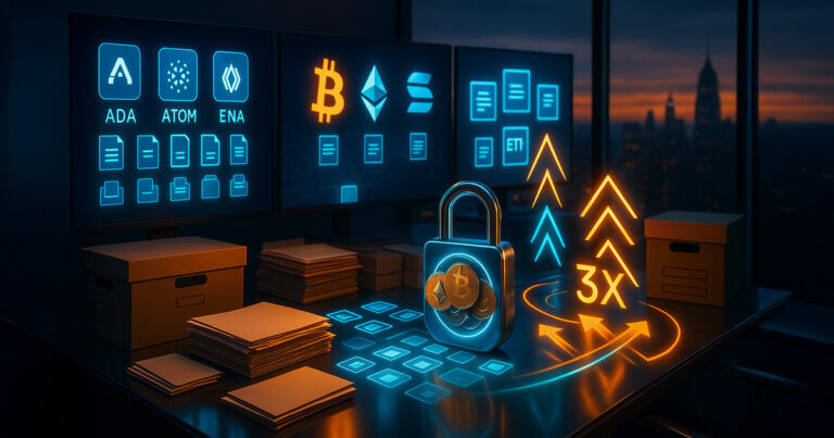 A cinematic twilight finance office shows stacked filing folders, holographic crypto coin icons beside a locked “staking” padlock, and triple up/down arrow trails hinting at 3x leveraged ETF strategies.