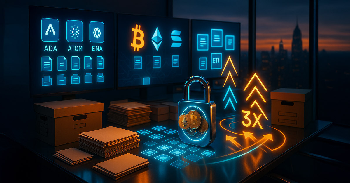 A cinematic twilight finance office shows stacked filing folders, holographic crypto coin icons beside a locked “staking” padlock, and triple up/down arrow trails hinting at 3x leveraged ETF strategies.