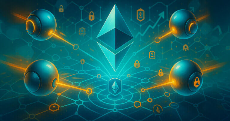 AI orbs exchanging teal-gold data beams peer-to-peer across a hex grid around a glowing Ethereum logo, symbolizing ERC-8004 agent collaboration without intermediaries.