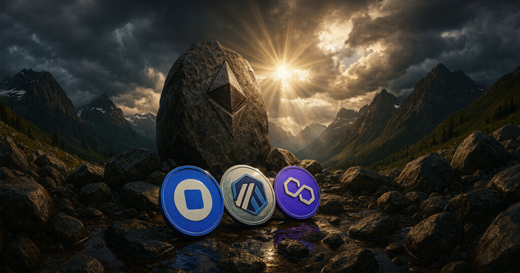 alpine panorama features the exact Base logo coin from the attachment beside Arbitrum and Polygon tokens before an Ethereum-etched boulder as sunbeams pierce storm clouds over the mountains.