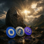 alpine panorama features the exact Base logo coin from the attachment beside Arbitrum and Polygon tokens before an Ethereum-etched boulder as sunbeams pierce storm clouds over the mountains.