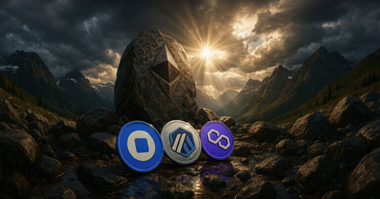 alpine panorama features the exact Base logo coin from the attachment beside Arbitrum and Polygon tokens before an Ethereum-etched boulder as sunbeams pierce storm clouds over the mountains.