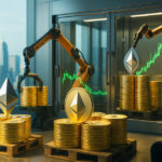 A bright, cinematic 16:9 scene inside a glass-walled institutional vault shows robotic arms loading pallets of gleaming Ethereum coins emblazoned with the ETH logo as green candlestick reflections climb across the glass, suggesting large-scale dip-buying against a sunlit city skyline.