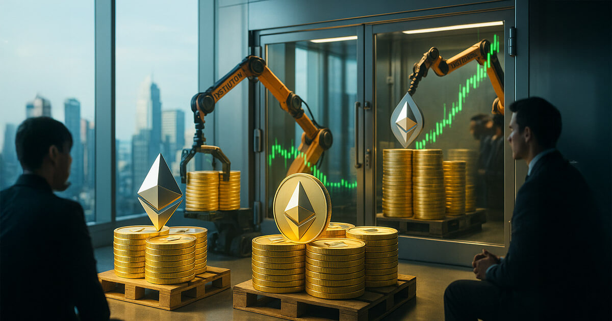 A bright, cinematic 16:9 scene inside a glass-walled institutional vault shows robotic arms loading pallets of gleaming Ethereum coins emblazoned with the ETH logo as green candlestick reflections climb across the glass, suggesting large-scale dip-buying against a sunlit city skyline.