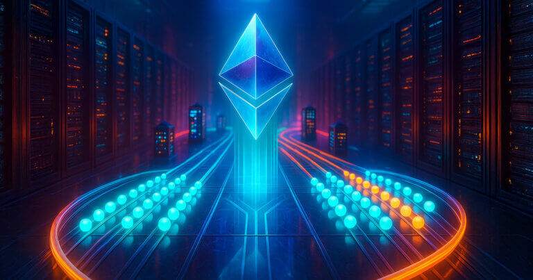 a glowing Ethereum symbol above parallel lanes of teal and amber “blob” spheres splitting and recombining, evoking the Fusaka upgrade’s PeerDAS and increased capacity without any text or faces.