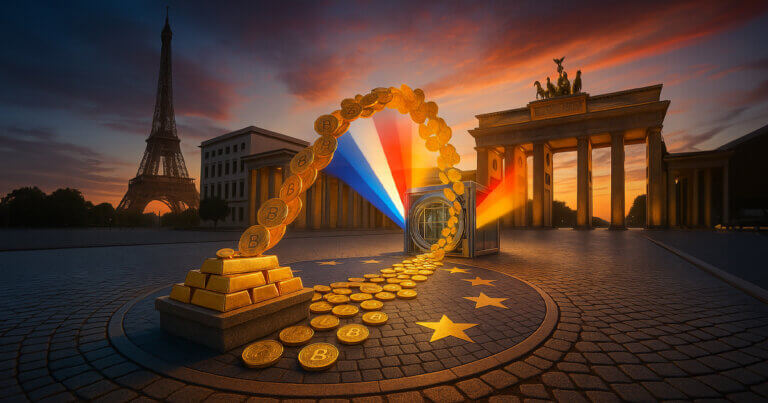 A sweeping, low-angle cinematic scene shows a gleaming arc of Bitcoin coins flowing from stacked gold bars across a cobbled European plaza into a futuristic glass vault, flanked by the Eiffel Tower and Brandenburg Gate with vivid French and German flag lights against a bright sunrise sky.
