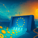 A bright EU dam blocks a glowing river of ruble-stamped stablecoin tokens, letting only a thin trickle wind toward a distant golden Bitcoin sun over a European skyline.