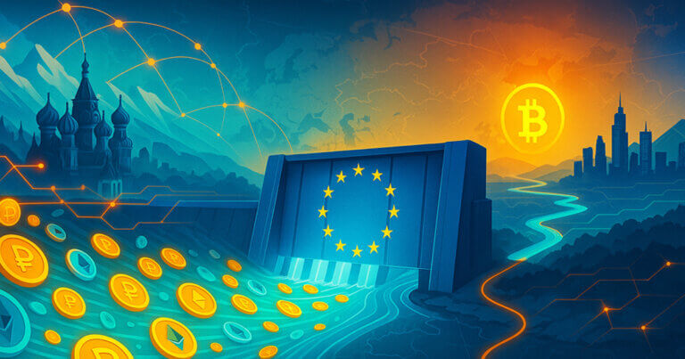 A bright EU dam blocks a glowing river of ruble-stamped stablecoin tokens, letting only a thin trickle wind toward a distant golden Bitcoin sun over a European skyline.