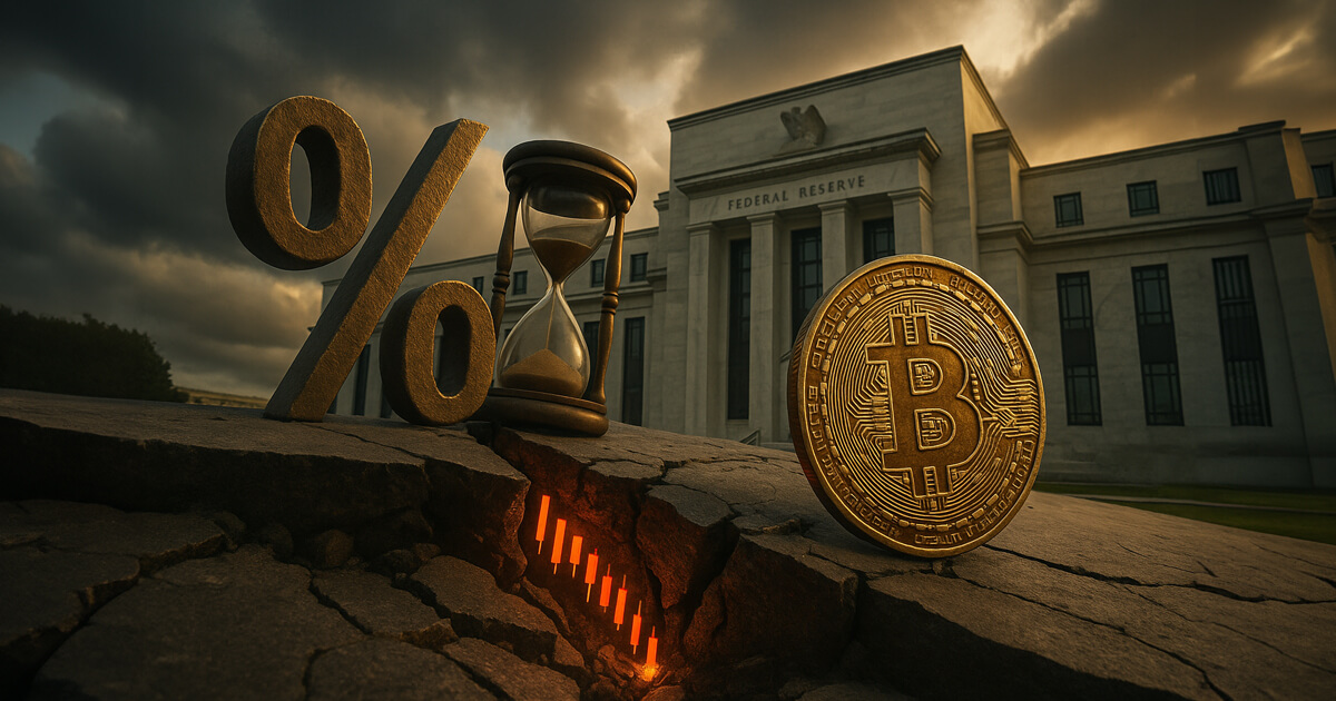 a gleaming Bitcoin beside a bronze percent symbol and an hourglass on cracked marble before the Federal Reserve building, glowing red candlesticks descending into a fissure under stormy golden-hour light.