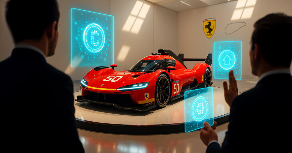 A hyperrealistic 16:9 scene of a Rosso Corsa Ferrari Le Mans prototype spotlighted on a circular plinth in an ultra-modern auction gallery, surrounded by glowing teal holograms representing digital tokens as impeccably dressed, out-of-focus bidders gesture from the edges—bright reds and golds contrasted with cool blues, crisp reflections, and mid-to-high key lighting.