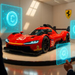 A hyperrealistic 16:9 scene of a Rosso Corsa Ferrari Le Mans prototype spotlighted on a circular plinth in an ultra-modern auction gallery, surrounded by glowing teal holograms representing digital tokens as impeccably dressed, out-of-focus bidders gesture from the edges—bright reds and golds contrasted with cool blues, crisp reflections, and mid-to-high key lighting.