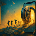 A hyper-realistic 16:9 cinematic scene shows a towering smartphone merged with an open vault door pouring golden light onto a path of biometrics, coins, and contactless symbols, as distant, unidentifiable figures raise their arms beneath a bright teal-and-amber sky signifying financial freedom.