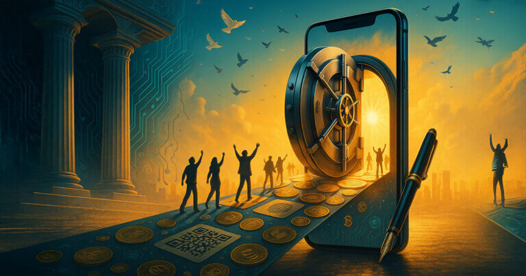 A hyper-realistic 16:9 cinematic scene shows a towering smartphone merged with an open vault door pouring golden light onto a path of biometrics, coins, and contactless symbols, as distant, unidentifiable figures raise their arms beneath a bright teal-and-amber sky signifying financial freedom.
