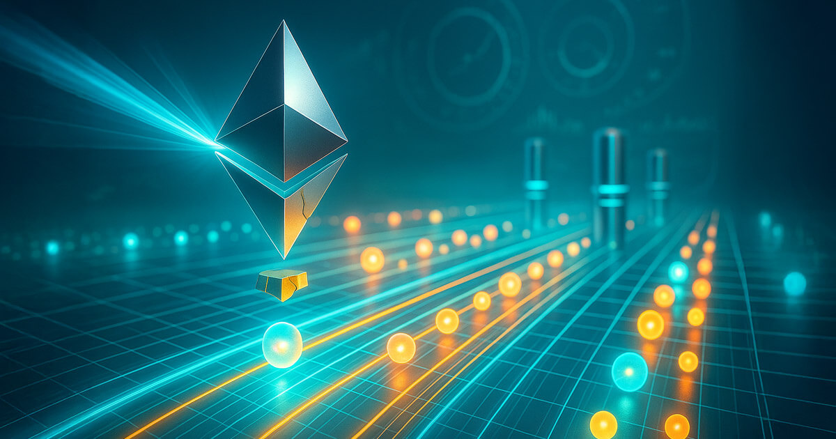 A bright, cinematic scene shows a metallic Ethereum crystal refracting a beam into dozens of glowing “blob” orbs racing along teal data lanes past validator towers, symbolizing the Fusaka upgrade’s PeerDAS scaling.