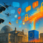 A bright, cinematic Berlin scene with the Reichstag and Brandenburg Gate under a vivid blue sky, where oversized surveillance cameras and drones watch as colorful chat bubbles and location icons stream into a glowing EU-star cube, symbolizing Germany’s shift toward EU-wide chat scanning and the alarm over privacy.