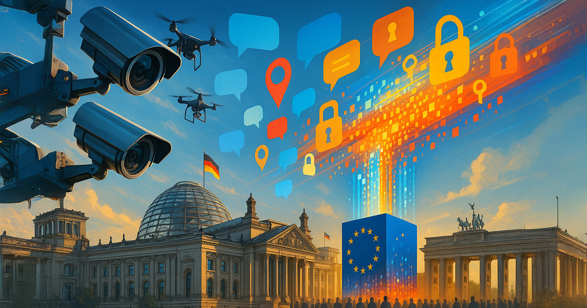 A bright, cinematic Berlin scene with the Reichstag and Brandenburg Gate under a vivid blue sky, where oversized surveillance cameras and drones watch as colorful chat bubbles and location icons stream into a glowing EU-star cube, symbolizing Germany’s shift toward EU-wide chat scanning and the alarm over privacy.