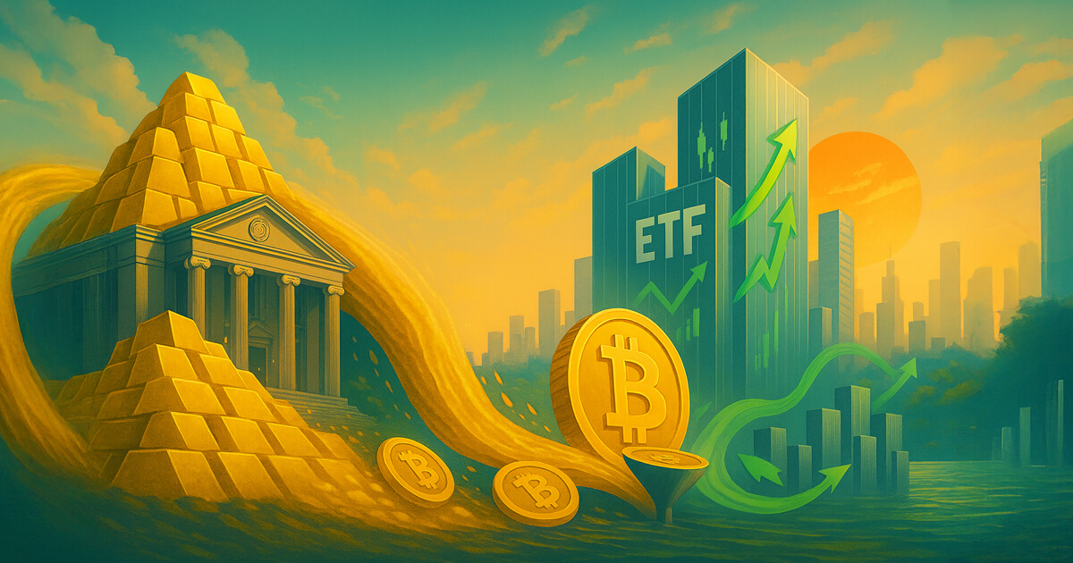 gold bars and a central-bank facade pouring molten coins toward ETF towers at sunset, with the large diagonal green arrow removed to leave a clean sky.