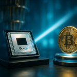 lab tableau shows a Google-branded Willow quantum chip on a pedestal facing a levitating gold Bitcoin under a dramatic blue beam in a cinematic quantum chamber.