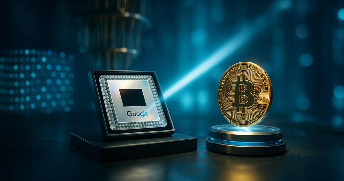 lab tableau shows a Google-branded Willow quantum chip on a pedestal facing a levitating gold Bitcoin under a dramatic blue beam in a cinematic quantum chamber.