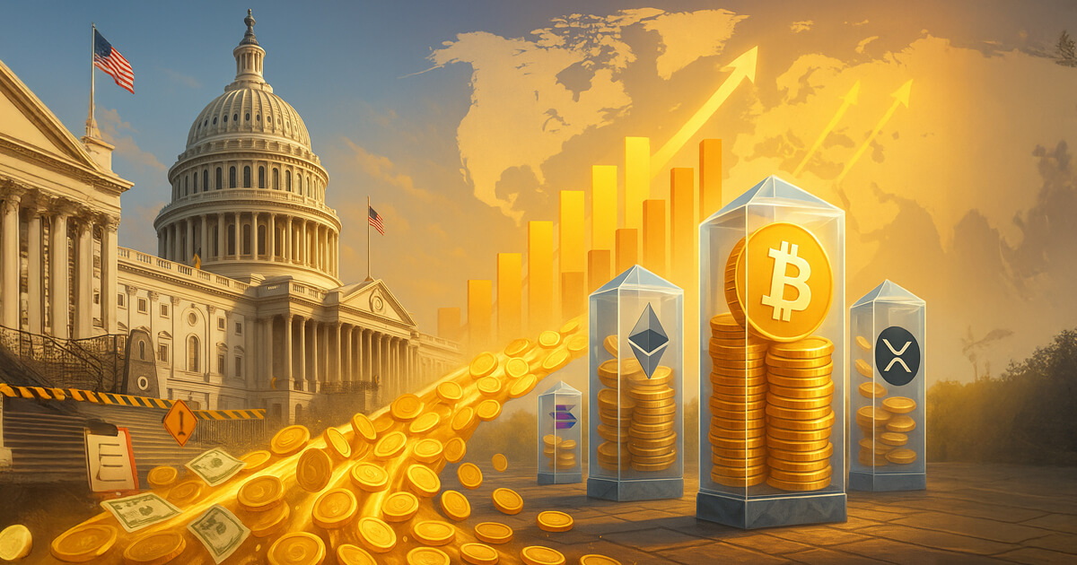 Daylight view of the U.S. Capitol with caution barriers sends a torrent of glowing coins toward glass vaults bearing Bitcoin, Ethereum, Solana, and XRP logos, with rising bars hinting at record inflows.