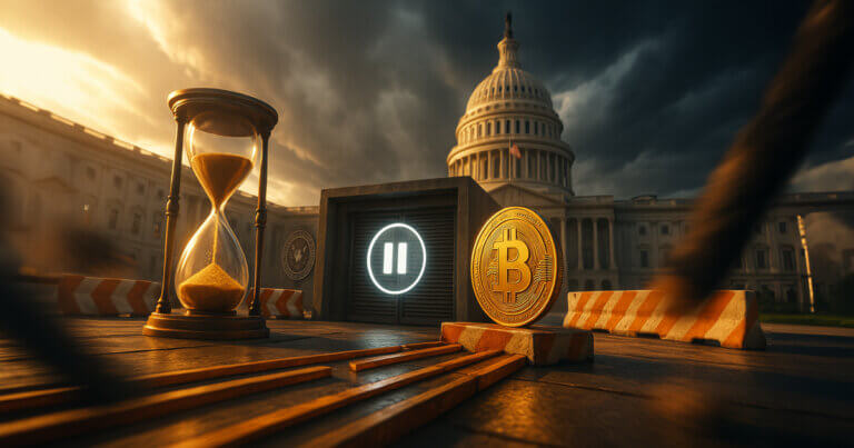 A vivid Capitol scene contrasts a glowing hourglass and Bitcoin with a bright pause symbol and barricades, suggesting a government shutdown testing crypto’s resilience.
