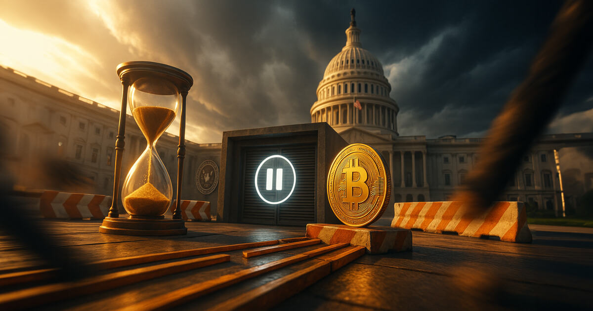 A vivid Capitol scene contrasts a glowing hourglass and Bitcoin with a bright pause symbol and barricades, suggesting a government shutdown testing crypto’s resilience.